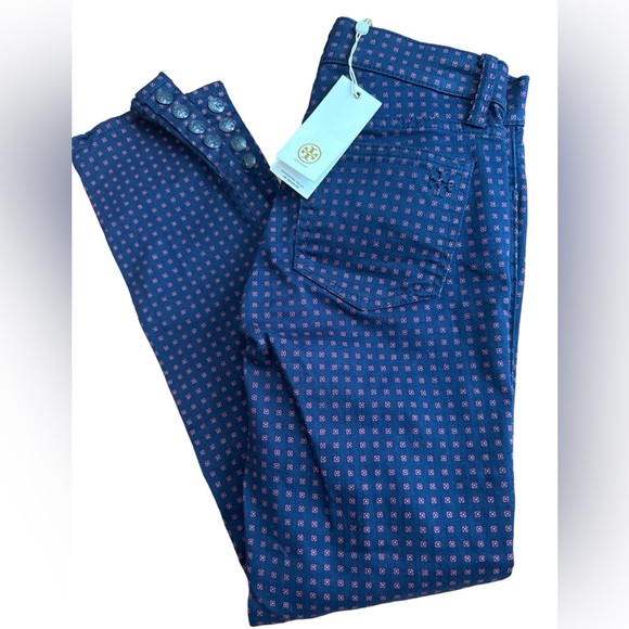 Tory Burch Womens Pants Size 23 Emmy Ankle Skinny Daisy Dots Navy NWTS MSRP $225 - Picture 1 of 15